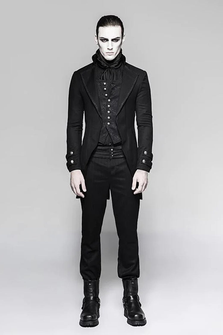 Black Fake Two-Pieces Metal Button Long Sleeves Jacquard Print Mens Gothic Coat - Product - 4