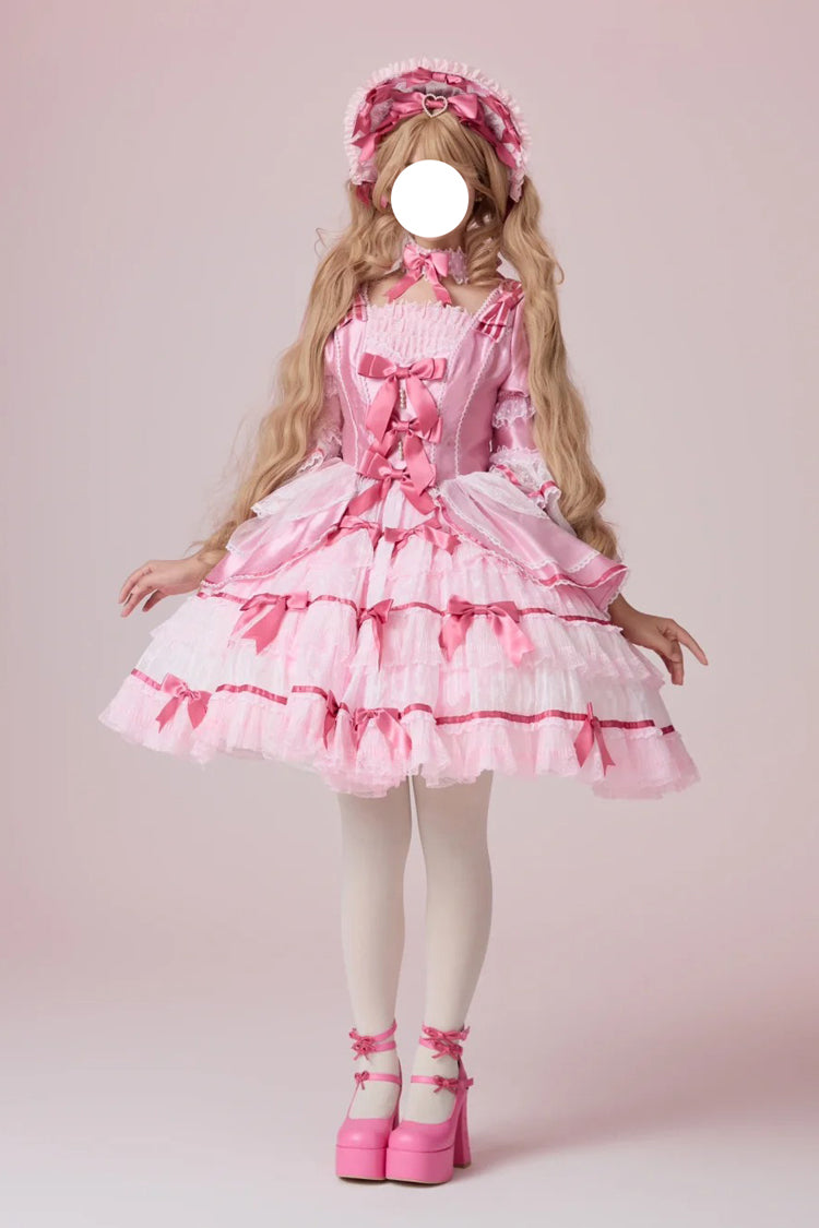 Pink [Velvet Cake] Long Trumpet Sleeves Multi-Layered Ruffle Bowknot Lace Sweet Lolita Dress - Product - 13