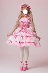 Pink [Velvet Cake] Long Trumpet Sleeves Multi-Layered Ruffle Bowknot Lace Sweet Lolita Dress - Product - 13