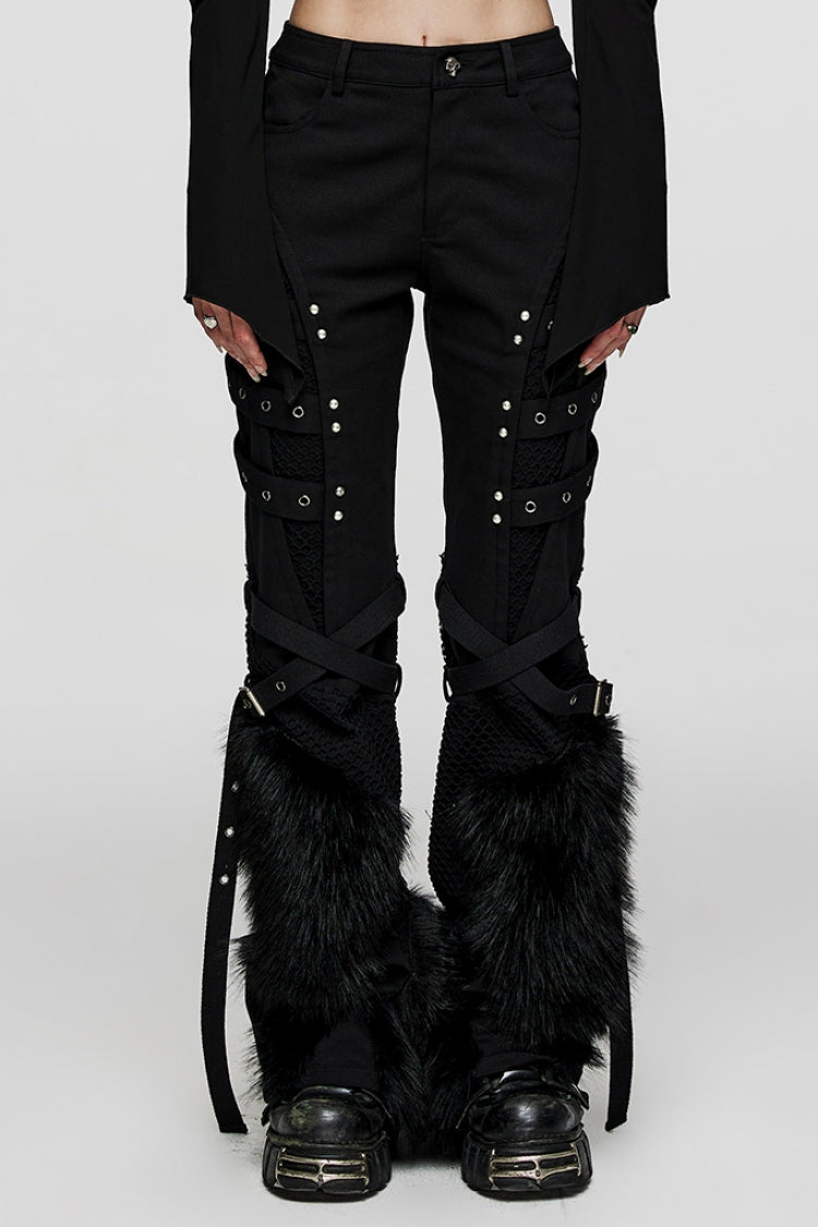 Black Eyelet Stitching Metal Mesh Women's Steampunk Fluffy Pants - Black - 1