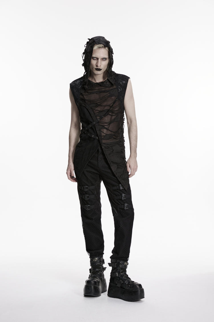 Black Sleeveless Cut-Out Spliced Lace-Up Hooded Sheer Asymmetric Eyelet Men's Punk Handsome Vest - Black - 1