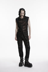 Black Sleeveless Cut-Out Spliced Lace-Up Hooded Sheer Asymmetric Eyelet Men's Punk Handsome Vest - Black - 1