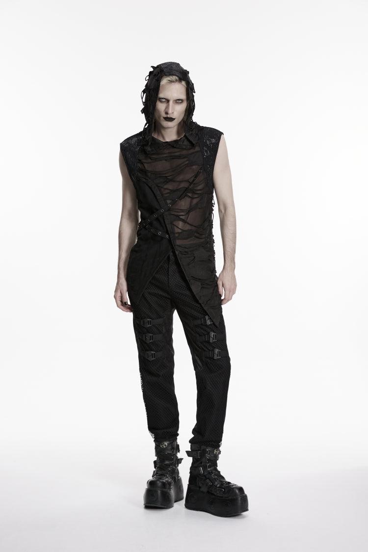 Black Sleeveless Cut-Out Spliced Lace-Up Hooded Sheer Asymmetric Eyelet Men's Punk Handsome Vest - Black - 1