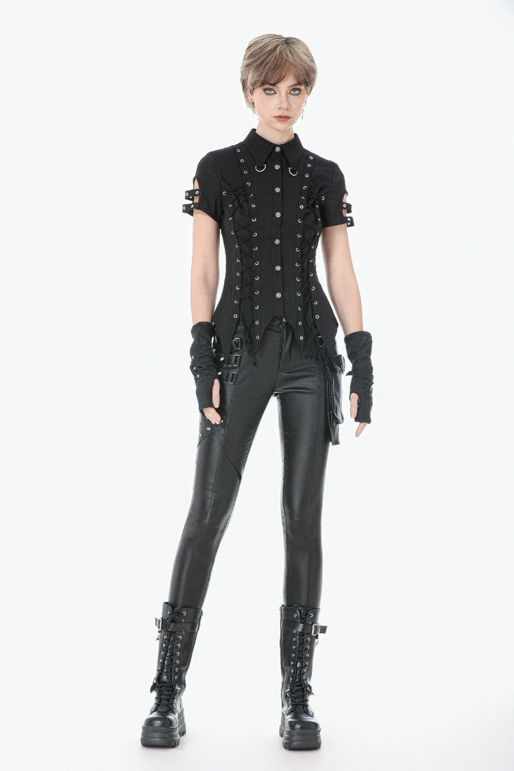 Black Turn-down Collar Short Sleeves Lace-Up Eyelets Women's Punk Blouse - Product - 10