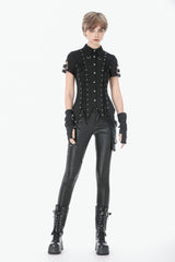 Black Turn-down Collar Short Sleeves Lace-Up Eyelets Women's Punk Blouse - Product - 10