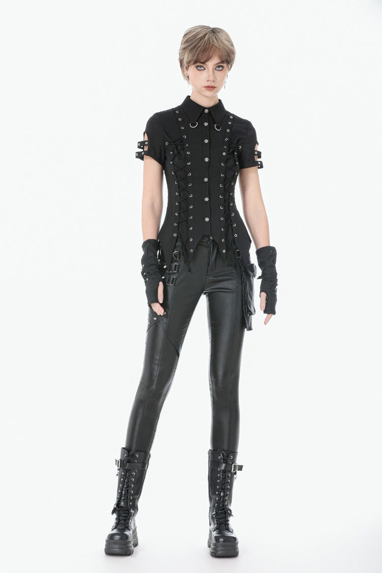 Black Turn-down Collar Short Sleeves Lace-Up Eyelets Women's Punk Blouse - Product - 10