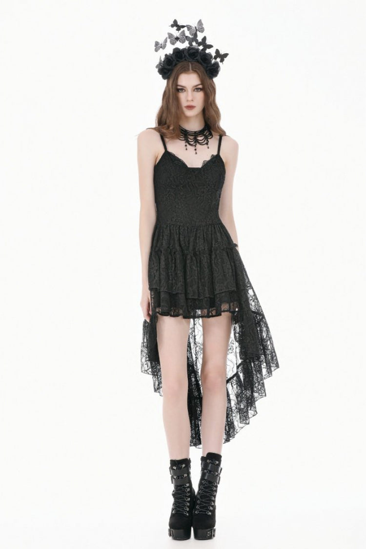Black Women's Gothic Vintage Lace Multi-Layered Ruffled High-Low Slip Dress - Product - 5
