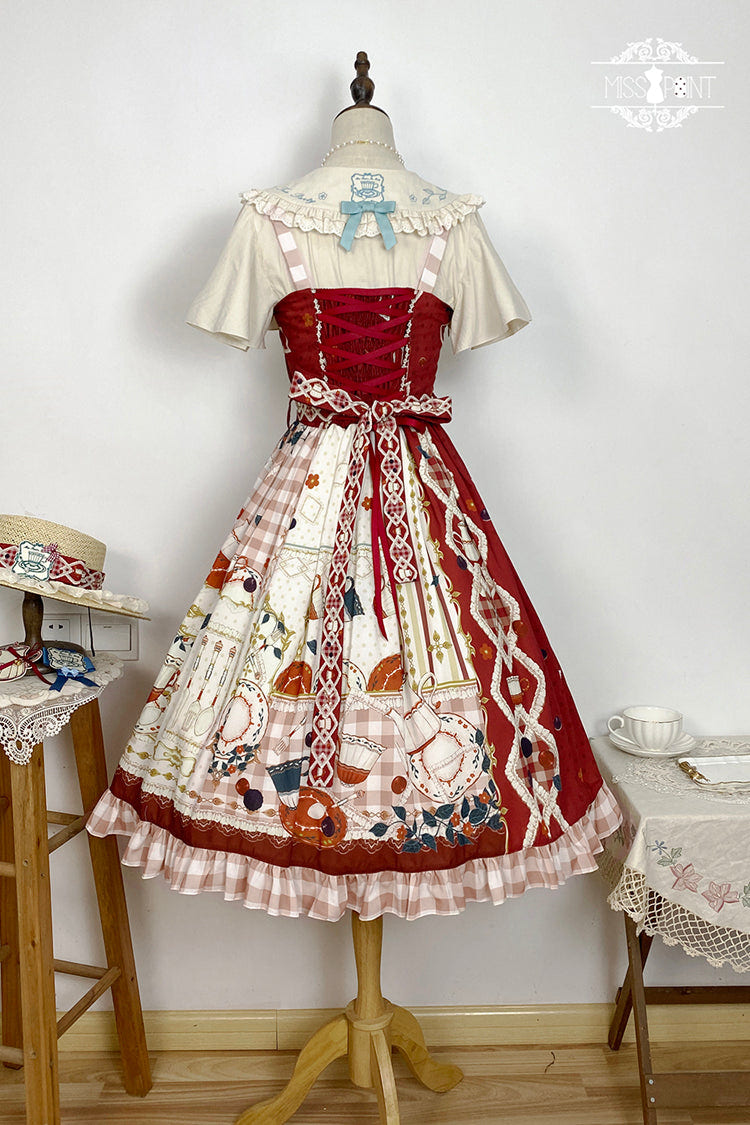 Red [Tea Party] Print Ruffle Bowknot Lace Sweet Elegant Lolita Jsk Dress - Product - 12