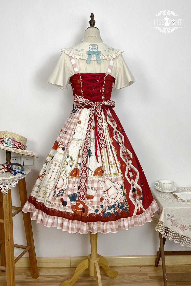 Red [Tea Party] Print Ruffle Bowknot Lace Sweet Elegant Lolita Jsk Dress - Product - 12