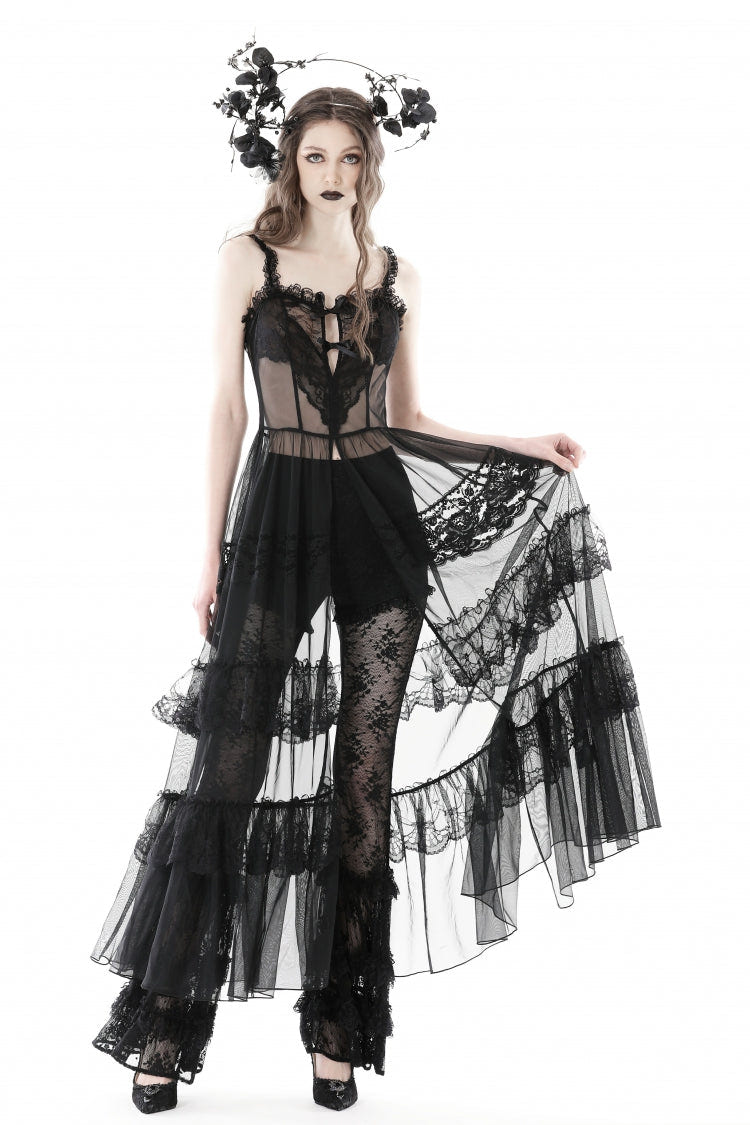 Black Sleeveless Hearted Multi-Layered Lace Split Sheer Mesh Women's Gothic Maxi Slip Dress - Product - 9
