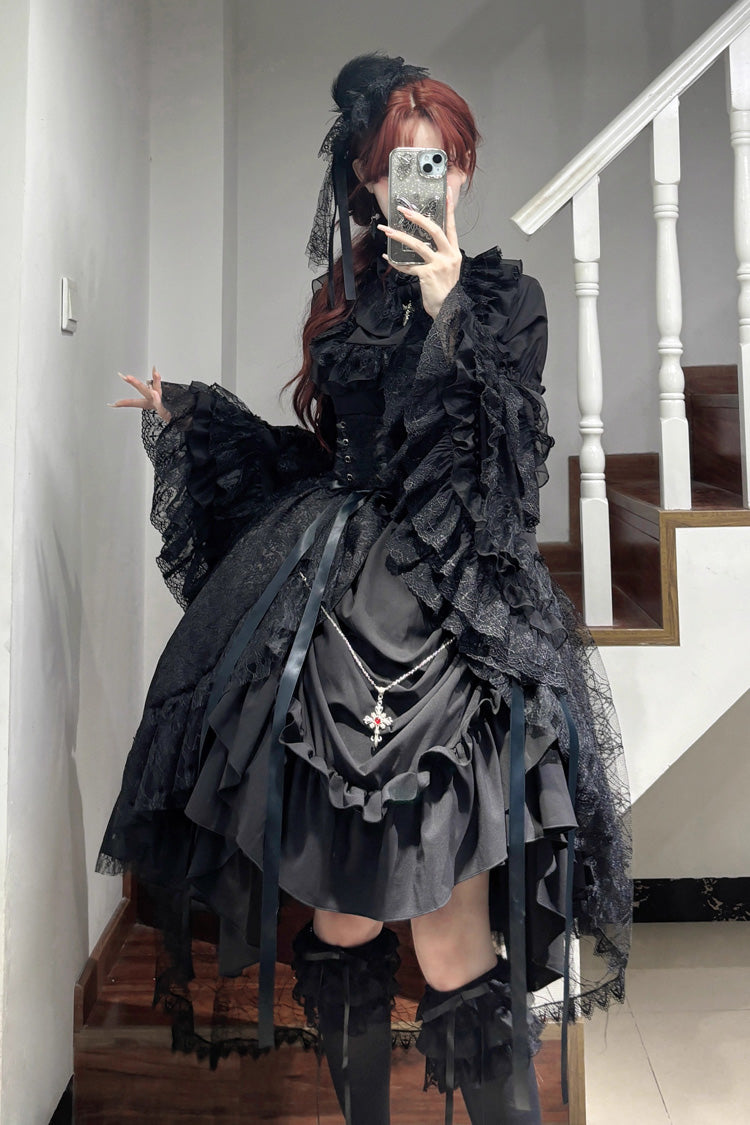 Black [Eternal Taboo] Long Hime Sleeves Ruffled Bow Gothic Lolita Skirt Dress Set - Product - 10