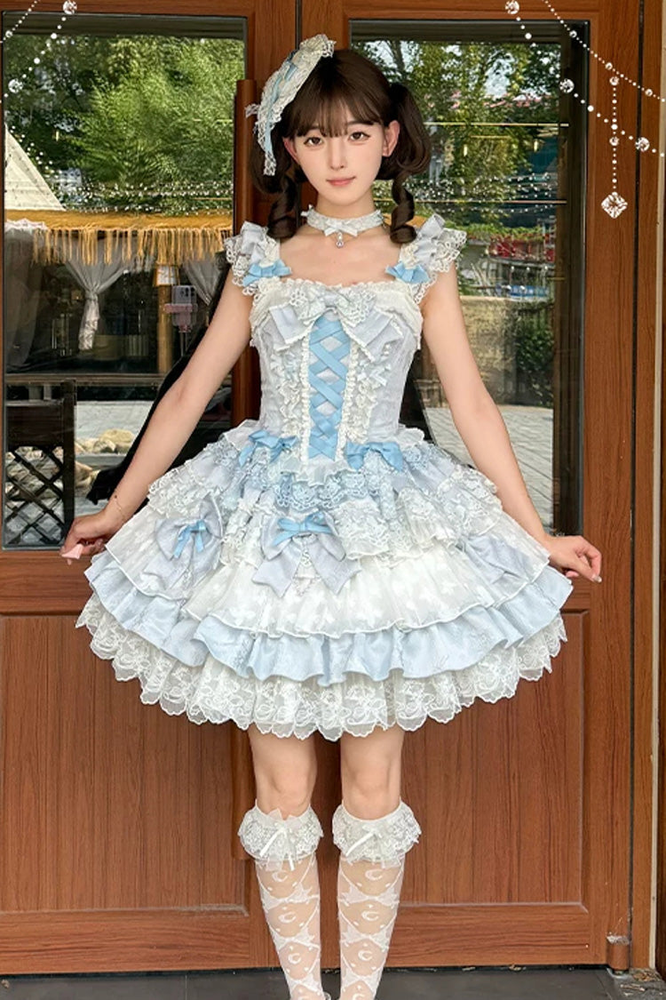 Blue [Honey Sweet Tart] Square Collar Sleeveless Multi-Layered Jacquard Ruffled Bow Lace Lace-Up Lolita Jsk Dress - Product - 7