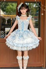 Blue [Honey Sweet Tart] Square Collar Sleeveless Multi-Layered Jacquard Ruffled Bow Lace Lace-Up Lolita Jsk Dress - Product - 7