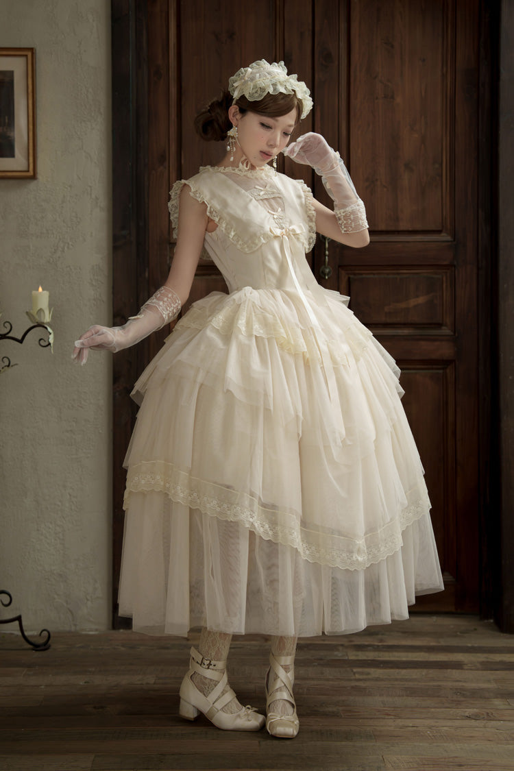 White [Dream by the Pillow] Triple-Layered Ruffled Bow Lace Sweet Elegant Lolita Dress - Product - 17