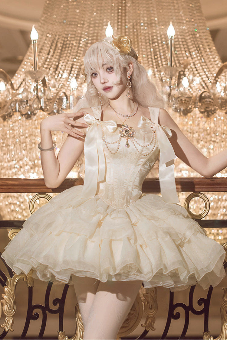Champagne [Cream Polka Dots] Sleeveless Jacquard Bowknot Slim Sweet Ballet Lolita Skirt Dress - Product - 2