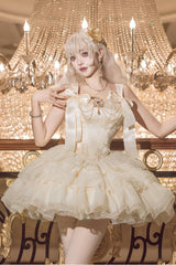Champagne [Cream Polka Dots] Sleeveless Jacquard Bowknot Slim Sweet Ballet Lolita Skirt Dress - Product - 2