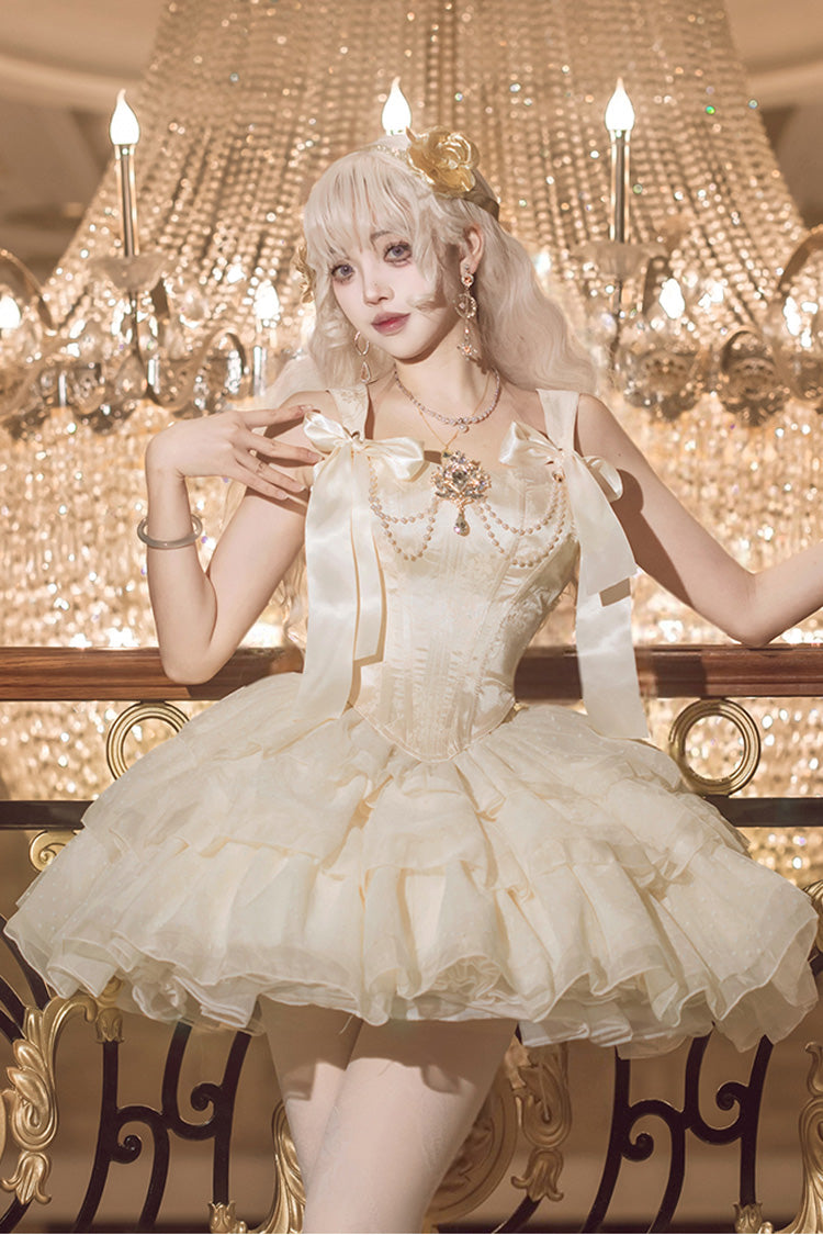 Champagne [Cream Polka Dots] Sleeveless Jacquard Bowknot Slim Sweet Ballet Lolita Skirt Dress - Product - 2