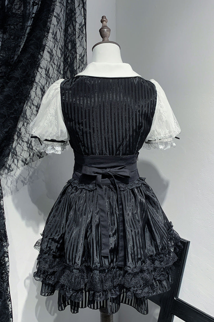 Black/White [Dream Night Song] Short Sleeves Stripe Print Bowknot Lace Gothic Jirai Kei Dress - Product - 3