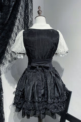 Black/White [Dream Night Song] Short Sleeves Stripe Print Bowknot Lace Gothic Jirai Kei Dress - Product - 3