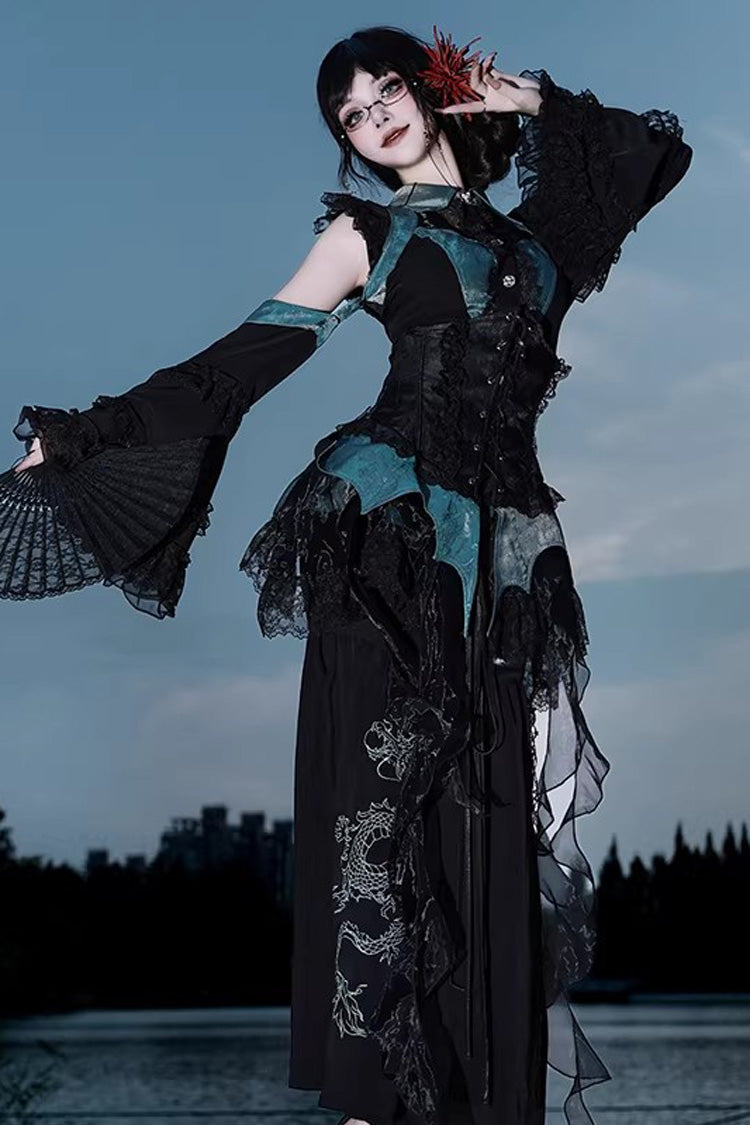 [Sky Dragon] Round Collar Printed Embroidered Lace-Up Gothic Chinese Style Lolita Skirt Set 2 Colors - Product - 4