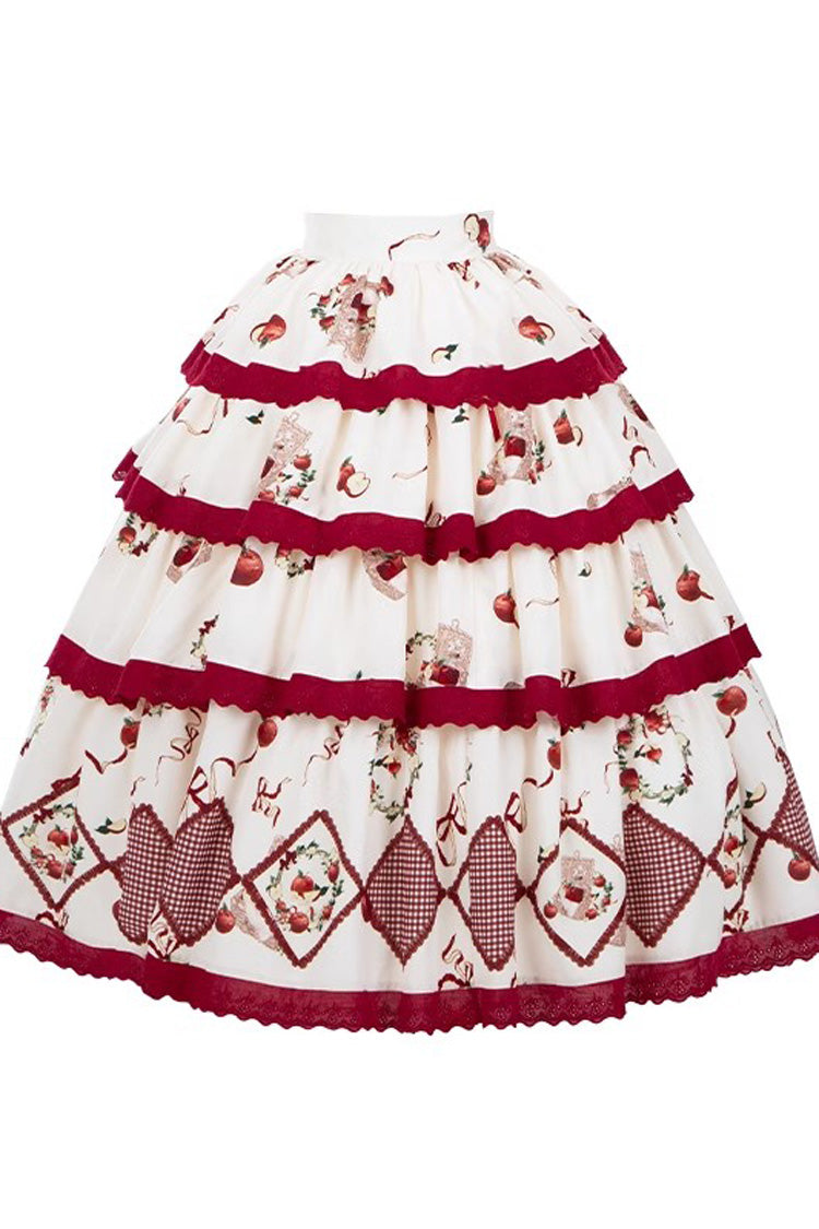 Red/Beige Triple-Layered [Apple Orchard] Print Ruffle Embroidery Sweet Lolita Long Skirt - Product - 5