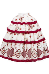 Red/Beige Triple-Layered [Apple Orchard] Print Ruffle Embroidery Sweet Lolita Long Skirt - Product - 5