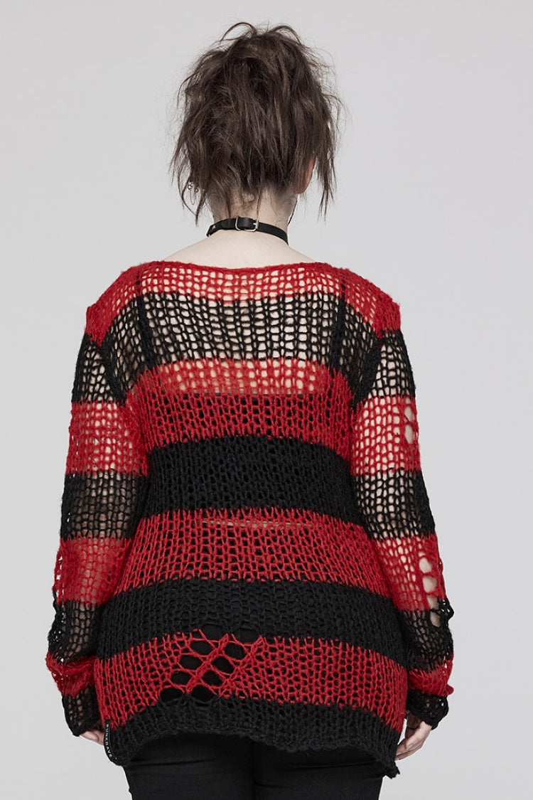 Round Collar Striped Print Irregular Ripped Women's Gothic Sweater 4 Colors - Product - 27