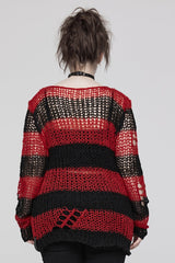 Round Collar Striped Print Irregular Ripped Women's Gothic Sweater 4 Colors - Product - 27