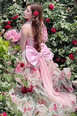 Pink Multi-Color Rose Print Sleeveless Sweet Lolita Strapless Dress - Product - 7