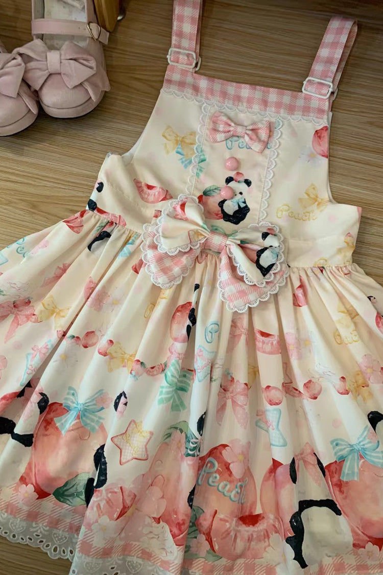 Panda Peach Print Bowknot Sweet Lolita Strap Dress 3 Colors - Yellow - 17