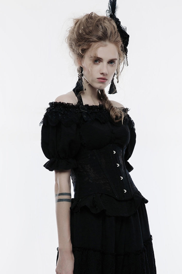 Black Halterneck Jacquard Lace-Up Women's Breast Support Gothic Vest - Product - 3