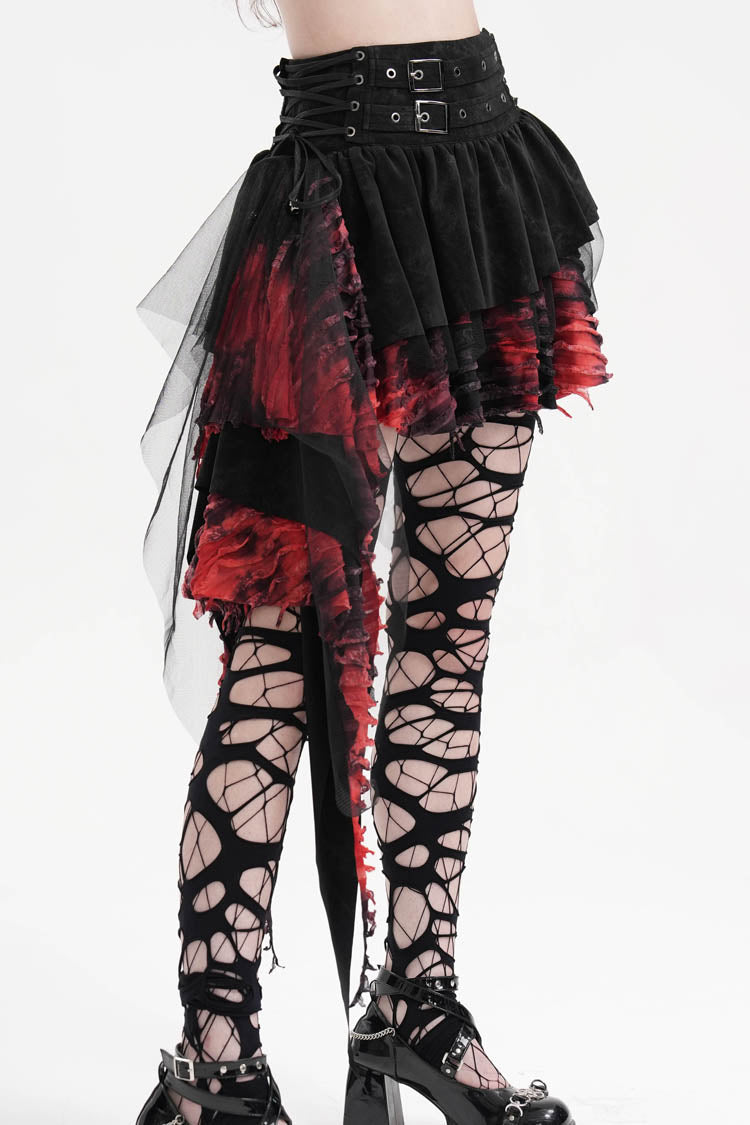 Black/Red Stitching Irregular Mesh Women's Gothic Skirt - Product - 11