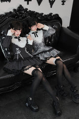 [Doki!] Stand Collar Long Sleeves Printed Ruffled Lace-Up Sweet Cool Lolita Dress 2 Colors(Black, Grey) - Product - 2