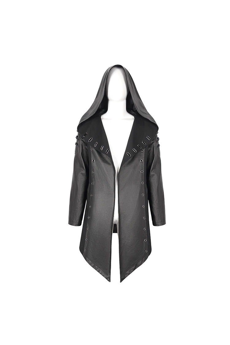 Black Irregular Eyelet Men's Gothic Jacket With Hood - Product - 8