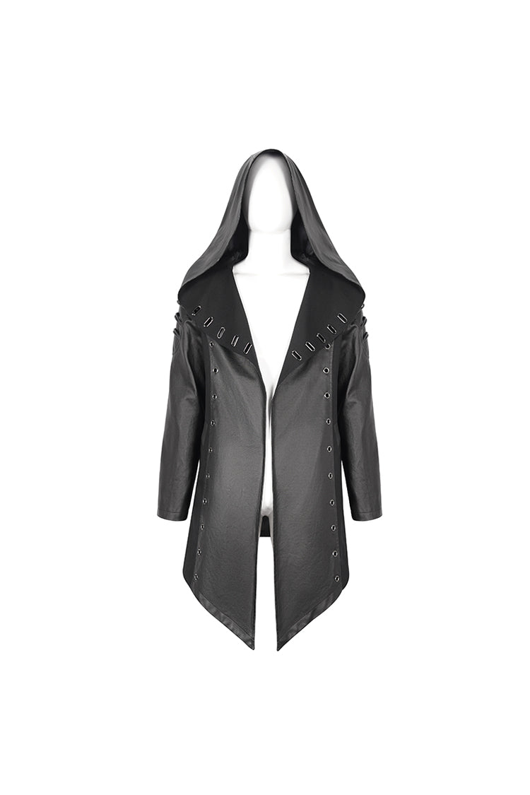 Black Irregular Eyelet Men's Gothic Jacket With Hood - Product - 8