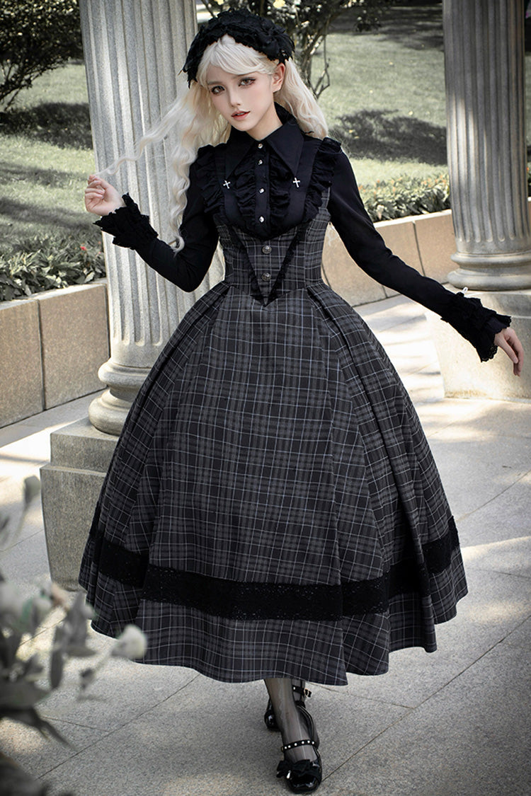 Black Chest Support Plaid Print Ruffle Gothic Lolita Dress - Product - 4
