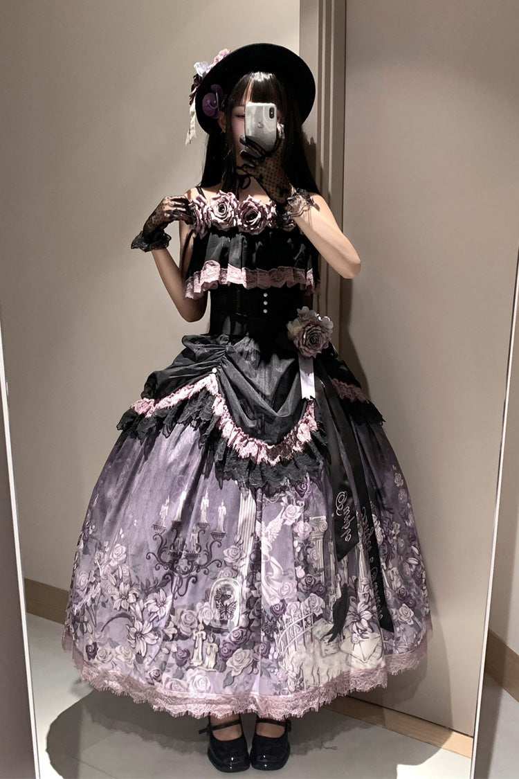 Black/Purple [Angel Garden] Sleeveless Print Ruffle Bowknot Lace Sweet Gothic Lolita Skirt Set - Product - 13