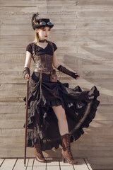 Black Multi-layer Ruffle Hollow Tassel Drawstring Gothic Punk Long Skirt - Product - 3