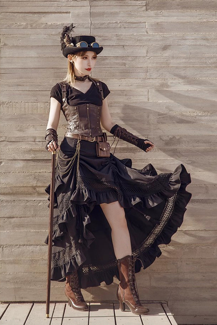 Black Multi-layer Ruffle Hollow Tassel Drawstring Gothic Punk Long Skirt - Product - 3