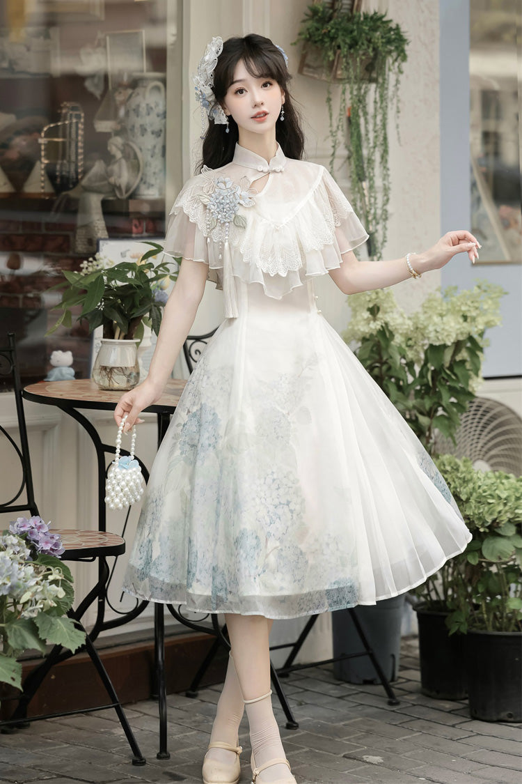 White [Hydrangea Message] Short Sleeves Print Ruffle Lace Sweet Chinese Style Elegant Lolita Short Dress - Product - 7