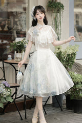 White [Hydrangea Message] Short Sleeves Print Ruffle Lace Sweet Chinese Style Elegant Lolita Short Dress - Product - 7