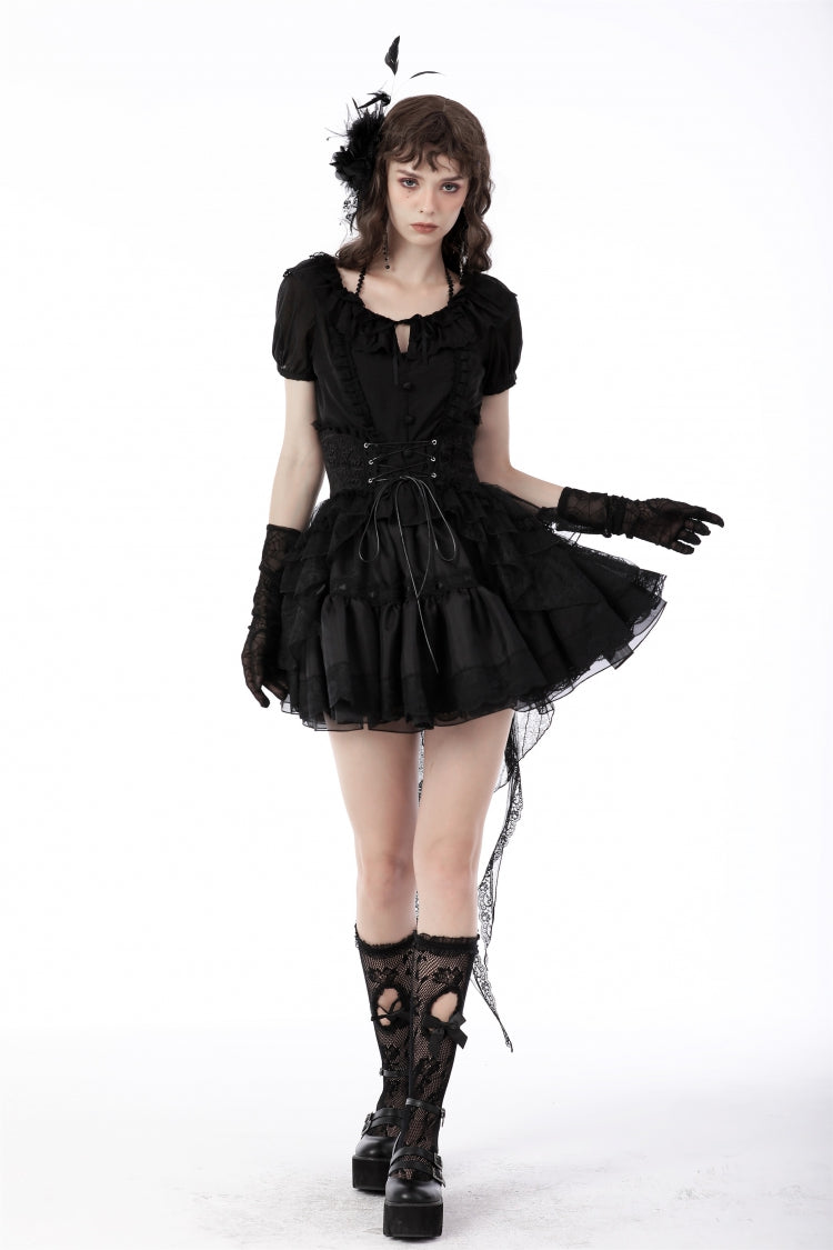 Black Lace-Up Multi-Layered Lace Women's Gothic Fishtail High Low Tunic Skirt - Product - 8