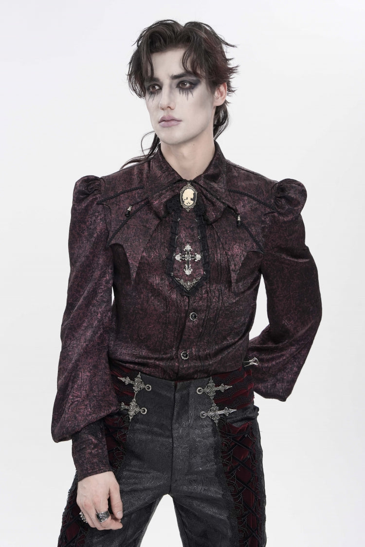 Red Lapel Collar Long Lantern Sleeves Jacquard Bow Men's Gothic Shirt - Product - 5