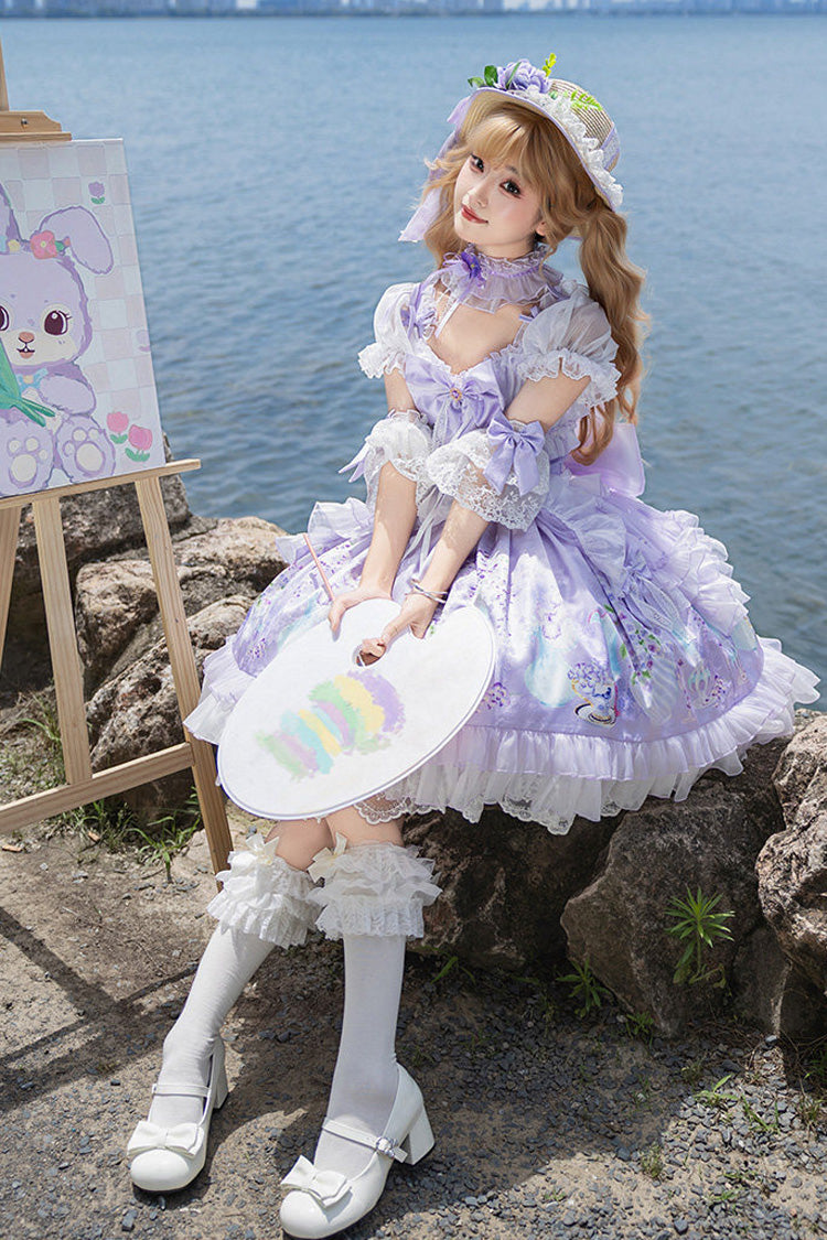 Purple [Wisteria Garden] Square Collar Triple-Layered Printed Ruffled Bow Lace Sweet Lolita Dress Set - Product - 6