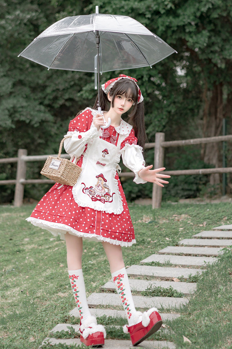 Red/White Doll Collar Short Sleeves Mushroom Princess Print Polka Dots Ruffle Sweet Lolita Dress - Product - 3