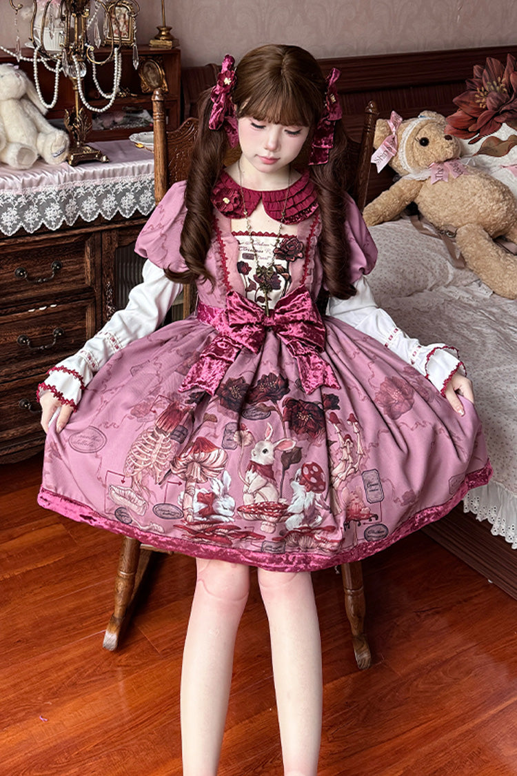 Red Short Sleeves Rabbit Sunflower Print Ruffle Embroidery Bowknot Sweet (Set) detail view 4