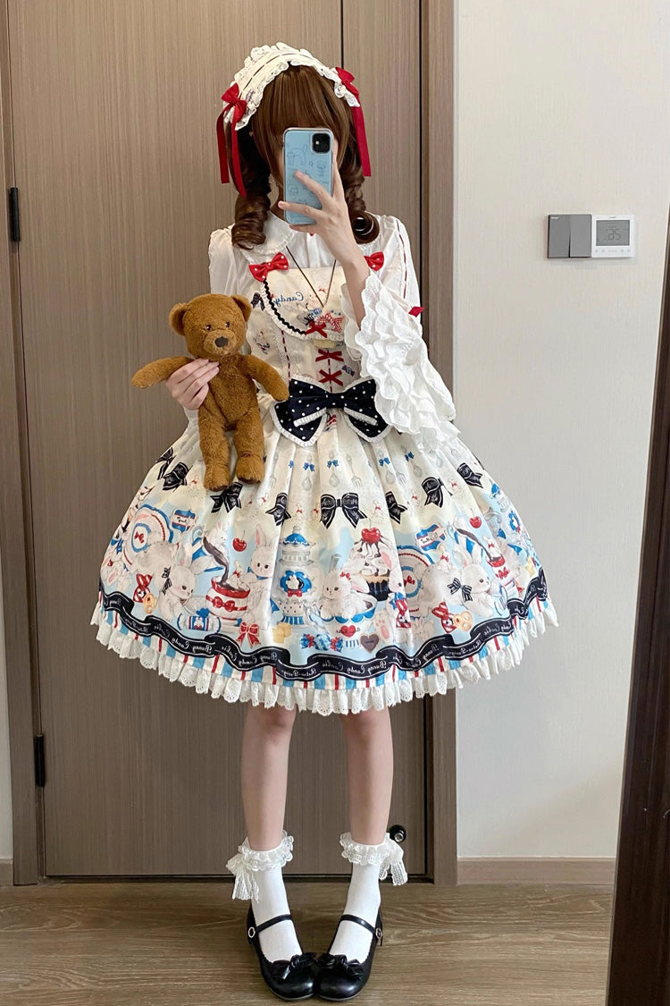 Beige [Mystery Rabbit Tea Party] Sleeveless Print Ruffle Bowknot Lace Sweet Lolita Jsk Dress - Product - 4