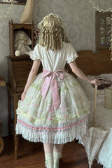 Pink/Green [Bamboo Rabbit] Peter Pan Collar Short Sleeves Printed Ruffled Embroidered Bow Sweet Lolita Dress - Product - 8
