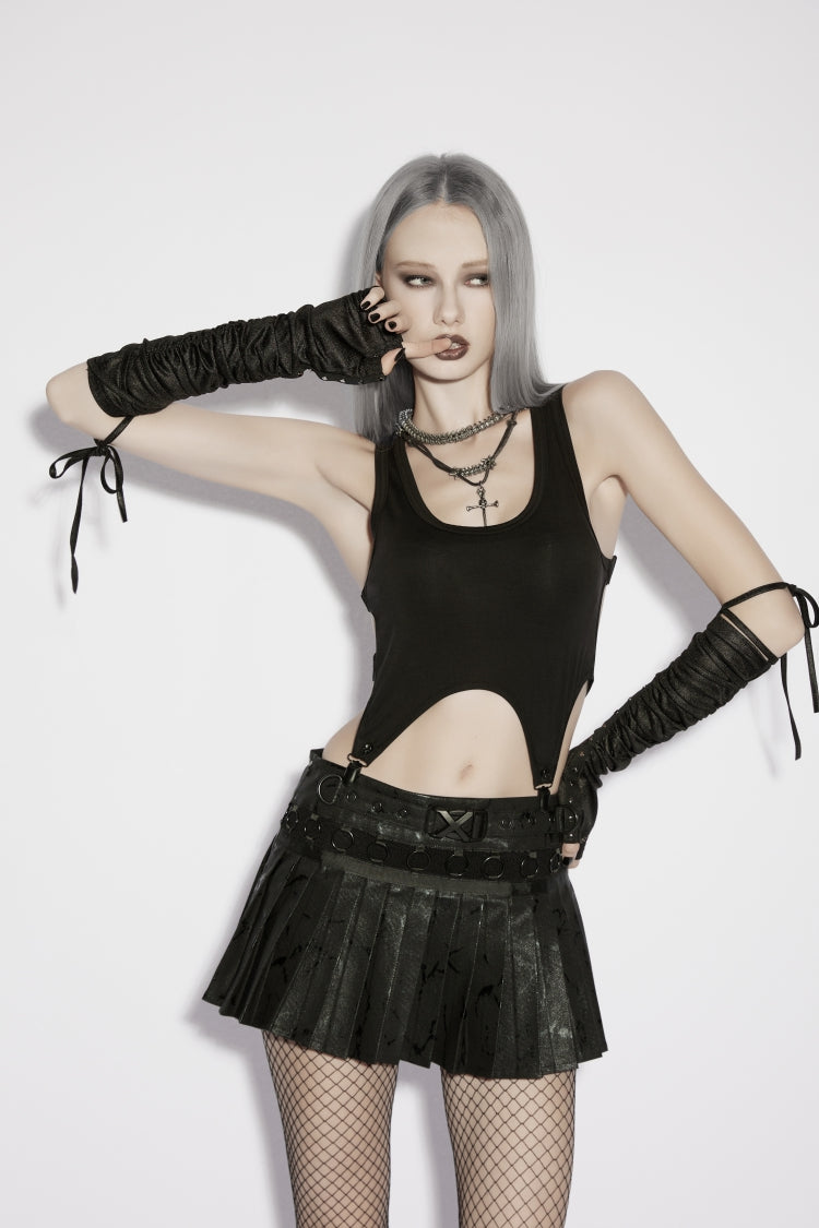 Black Printed Women's Punk College Style Cool Pleated Skirt - Black - 1