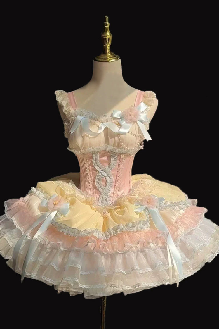 [Flowing Light Gift Box] Square Collar Sleeveless Multi-Layered Ruffled Bow Elegant Ballet Sweet Lolita Jsk Dress 6 Colors - Candy-Color - 16